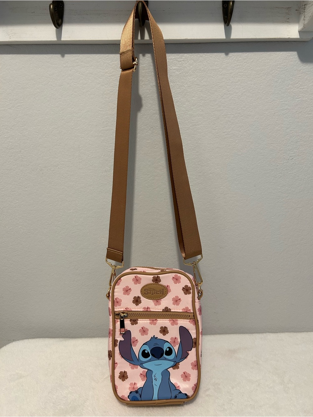 Bioworld Pink Floral Stitch Crossbody Bag with Brown Strap